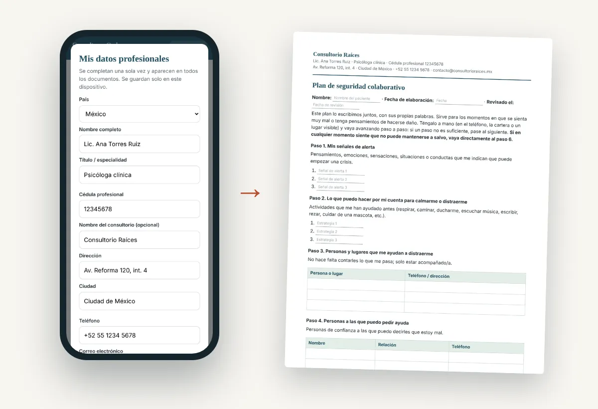 Formulario de datos profesionales y documento personalizado